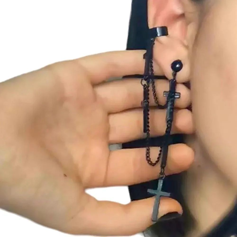 Goth Punk Gun Metal Gray Dangle Chains Crosses Ear Cuff Post Earring NEW
